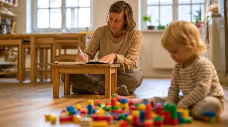 Tagesmutter schreibt Beobachtungsnotizen, während ein Kleinkind mit Holzklötzen spielt – Dokumentation in der Kindertagespflege (KI-generiert)