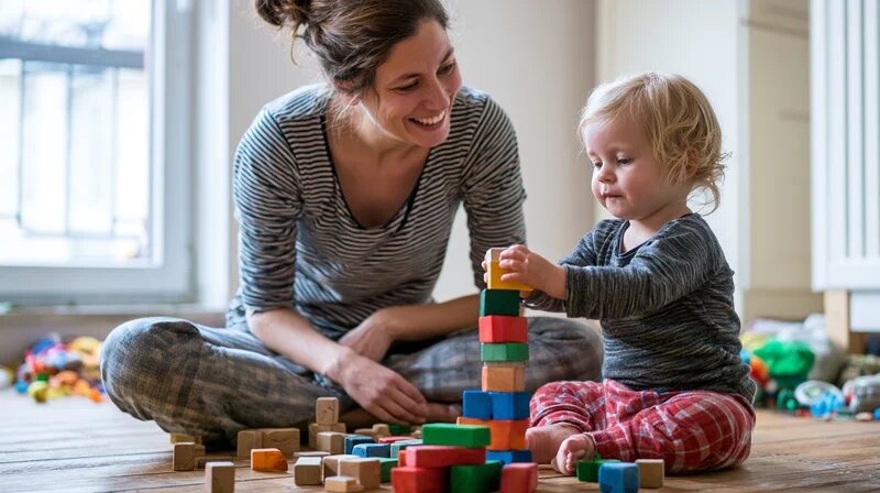 Entwicklungspsychologie 0–3 Jahre: Tagesmutter begleitet Kleinkind (KI-generiert)