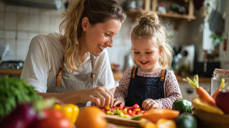 Gesunde Ernährung gehört zum Alltag in der Kindertagespflege Tagesmutter bereitet gemeinsam mit Kleinkind eine gesunde Mahlzeit zu (KI-generiert)