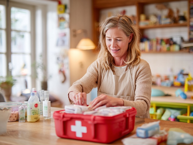 Eine vollständig ausgestattete Erste-Hilfe-Ausstattung gehört in jede Kindertagespflege.