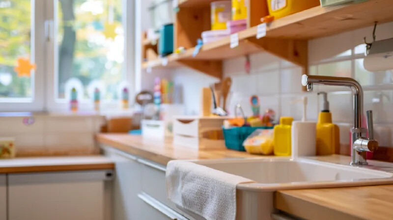 Hygiene im Alltag der Kindertagespflege Sauberer Küchenbereich einer Kindertagespflege mit Seifenspender (KI-generiert)