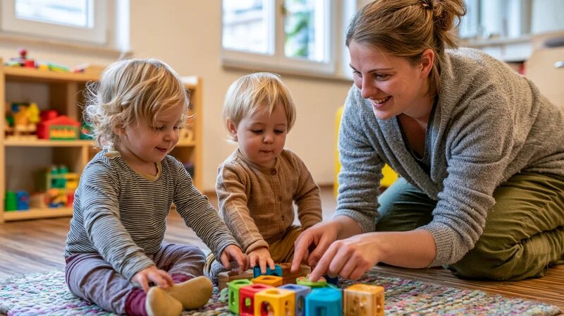 Zwei Kleinkinder und eine Tagesmutter beim ruhigen Lösen eines Spielzeugstreits in der Kindertagespflege