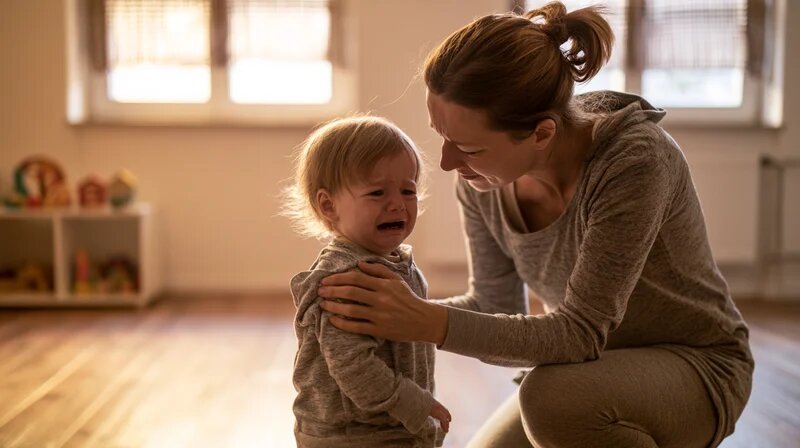 Tagesmutter kniet auf Augenhöhe eines weinenden Kleinkinds – ruhige Deeskalation in der Kindertagespflege