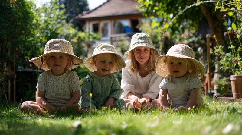 Tagesmutter mit Tageskindern im Schatten des Gartens – Sonnenschutz in der Kindertagespflege