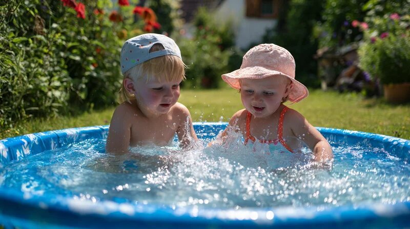 Kleinkinder beim Wasserspielen im Planschbecken unter Aufsicht der Tagesmutter