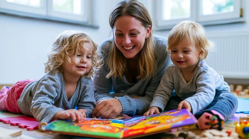Tagesmutter und zwei Kleinkinder schauen gemeinsam in ein Bilderbuch – dialogisches Vorlesen in der Kindertagespflege.