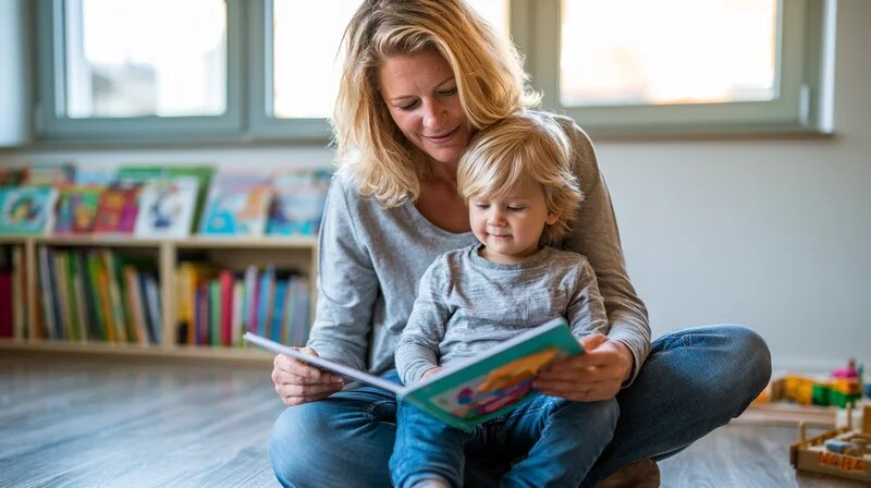 Tagesmutter liest einem Kleinkind aus einem Bilderbuch vor – Sprachförderung im Alltag der Kindertagespflege.