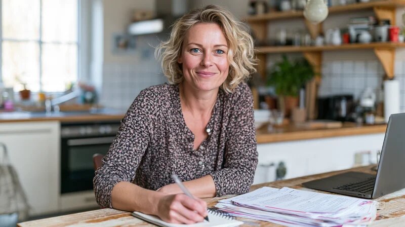 Angehende Tagesmutter plant am Küchentisch mit Notizbuch und Unterlagen ihren Berufseinstieg (KI-generiert)