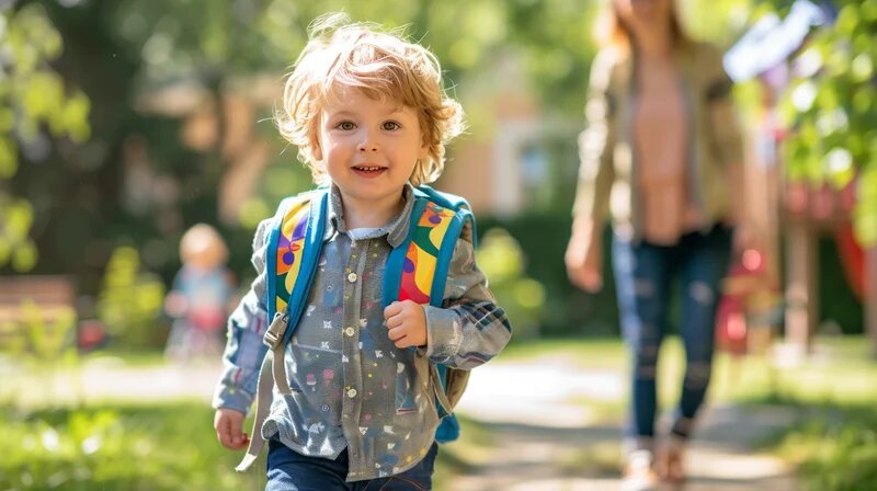 Tagesmutter schaut einem Kleinkind mit Rucksack nach, das freudig in Richtung Kindergarten läuft (KI-generiert)