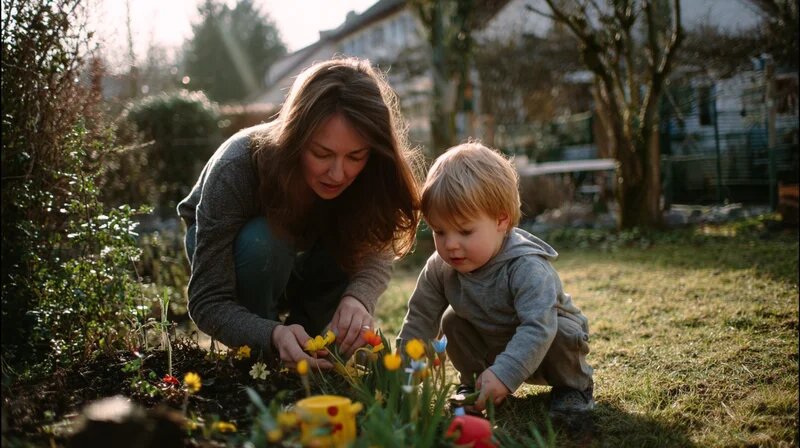 Tagesmutter und Kleinkind erkunden gemeinsam den Garten im Frühling.