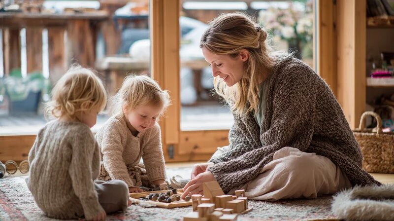 Tagesmutter spielt mit zwei Kleinkindern in einem hellen Wohnzimmer.